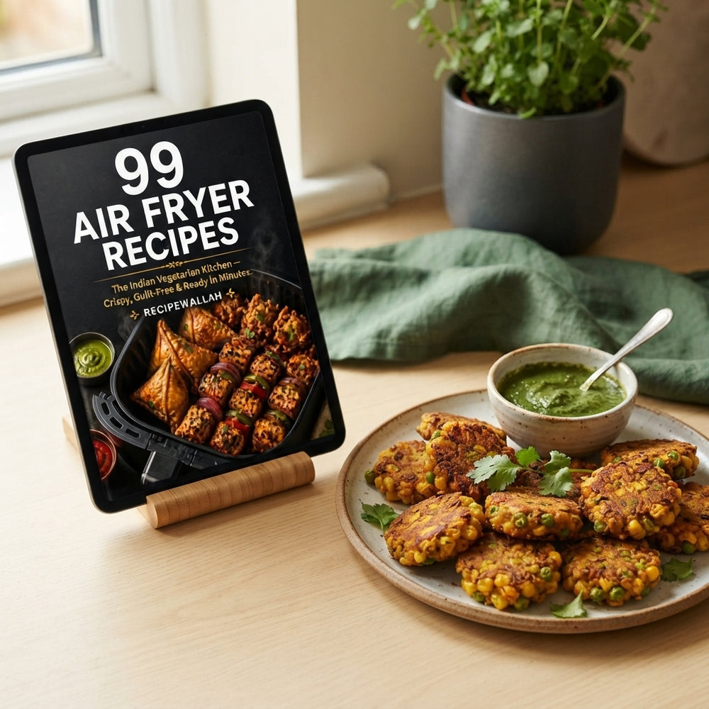A digital tablet showing an Indian vegetarian air fryer cookbook next to a plate of crispy vegetable tikkis and chutney.