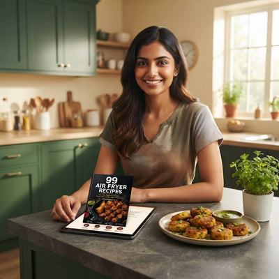 An Indian woman smiling while looking at a tablet in a modern kitchen with green cabinets and air-fried snacks nearby.