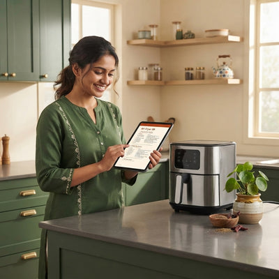 A smiling Indian woman using a tablet to follow recipes in a modern kitchen with green cabinets and a charcoal countertop.