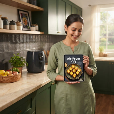 A woman smiling while looking at an air fryer recipe book on a tablet in a modern kitchen with green and cream decor.